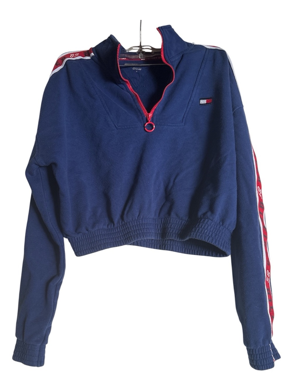 Tommy Hilfiger Navy Cropped Quarter-Zip Sweatshirt with Red Trim
